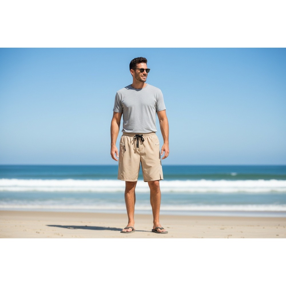 Mens Tan Hybrid Board Shorts Elastic Waist Quick Dry Size M